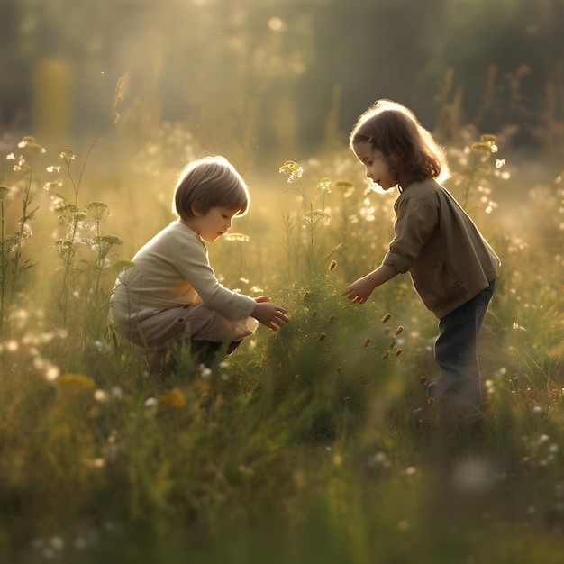 Dos niños pequeños jugando en un campo de flores.