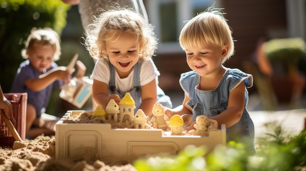 Dos niños pequeños jugando felices en una caja de arena en un día soleado