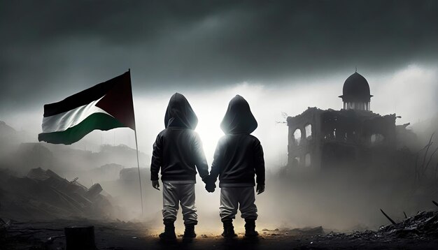 Dos niños pequeños mirando hacia adelante en la oscuridad de la noche en medio de los edificios en ruinas en Palestina