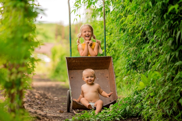 Dos niños pequeños, niña y niño en el país en un jardín carretilla sentado sonriendo