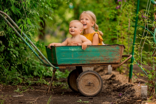 Dos niños pequeños, niña y niño en el país en un jardín carretilla sentado sonriendo