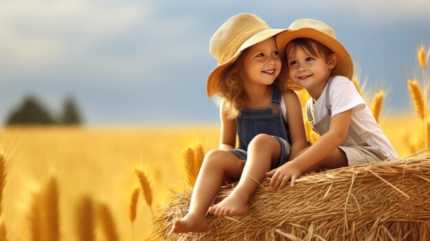 dos niños pequeños sentados en el heno hablando en un campo de trigo soleado