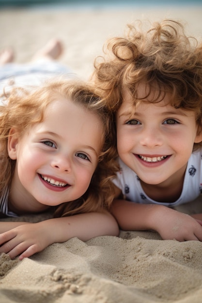 Dos niños pequeños sonriendo mientras están acostados en la playa creados con ai generativo