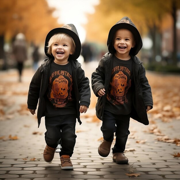 Foto dos niños pequeños tienen prisa por celebrar halloween se están divirtiendo disfrutando de las vacaciones