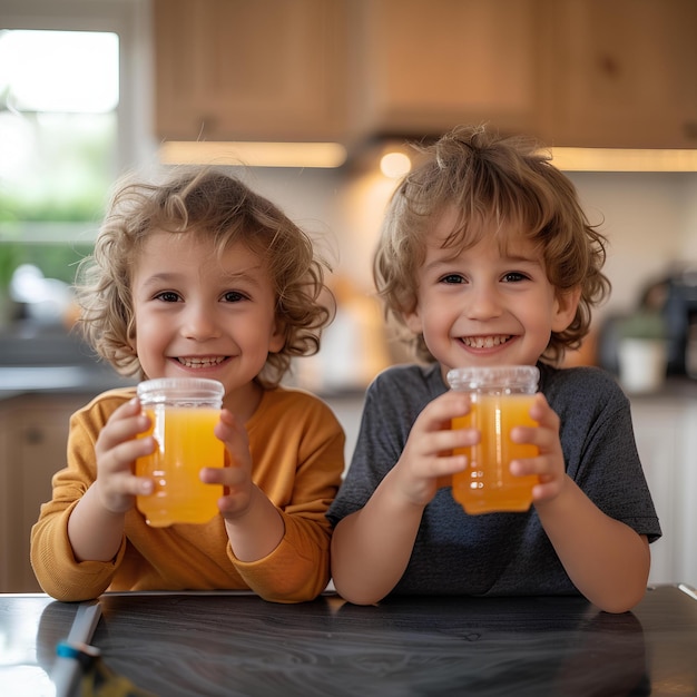 Dos niños pequeños con vasos de jugo de naranja