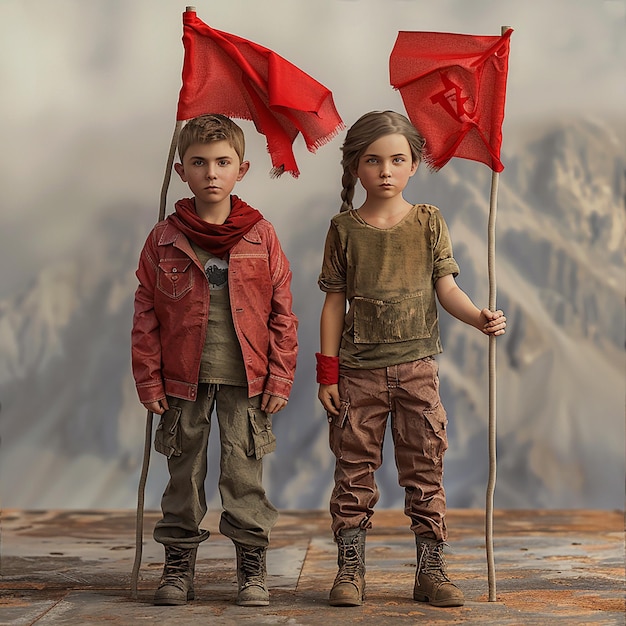 dos niños de pie al lado de una bandera roja que dice la palabra en él