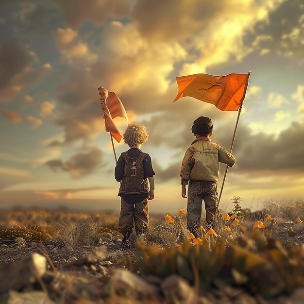 dos niños de pie en un campo con una bandera roja y una bandera amarilla