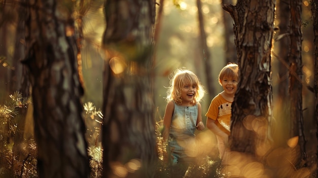 Dos niños de pie juntos en un bosque vibrante rodeados de árboles altos y la luz del sol moteada
