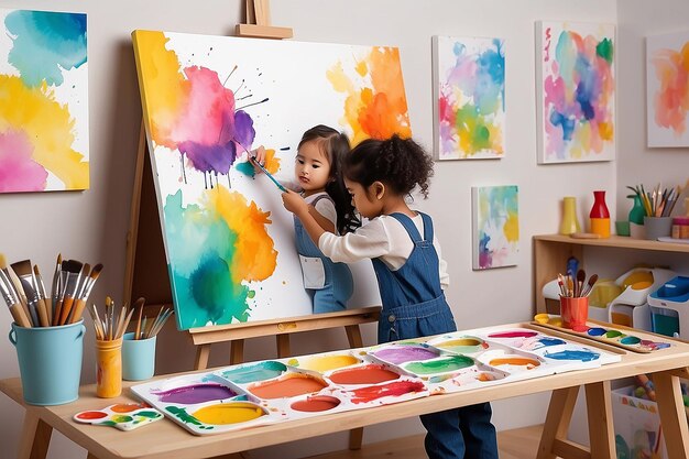 Foto dos niños pintando en un lienzo frente a una pintura titulada el artista