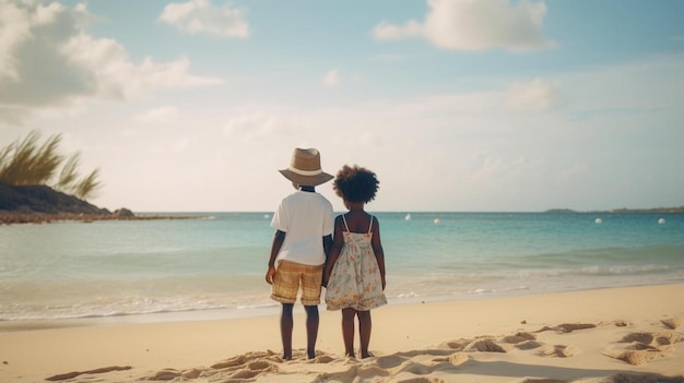 dos niños en una playa mirando hacia el océano