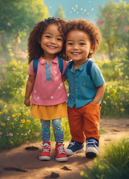 Foto dos niños posan para una foto con las palabras 