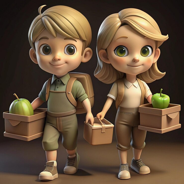 Foto dos niños que llevan cajas de manzanas y manzanas