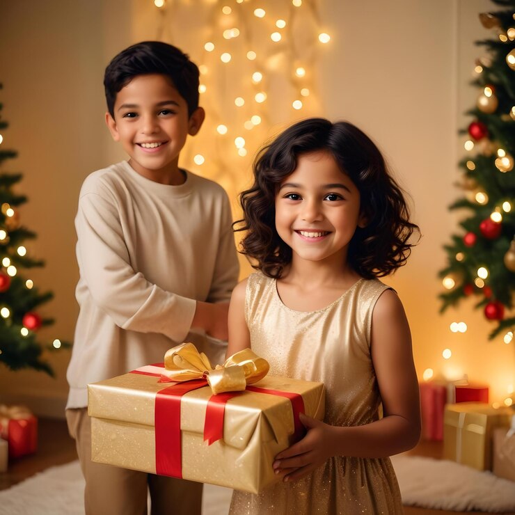 dos niños con regalos con un árbol de Navidad en el fondo
