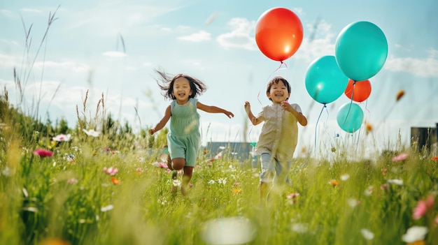 Dos niños riendo y corriendo con globos de colores en un prado soleado