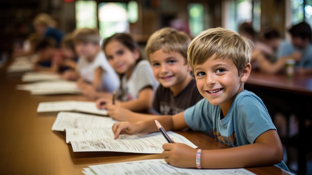 Dos niños en un salón de clases con sonrisas anchas sosteniendo lápices y trabajando en una tarea