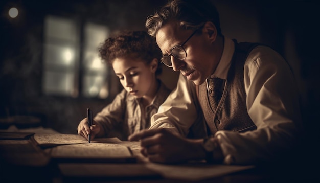 Dos niños sentados en una mesa estudiando literatura con concentración generada por inteligencia artificial