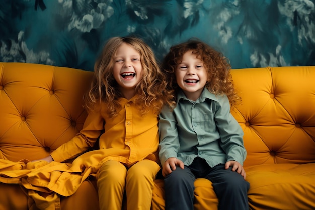 Dos niños sentados en un sofá, uno de los cuales lleva camisetas amarillas y el otro se ríe.