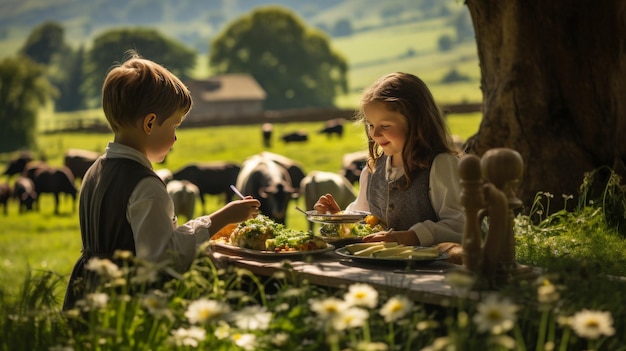 Dos niños se sientan pacíficamente en un campo exuberante de hierba disfrutando de la tranquilidad de la naturaleza