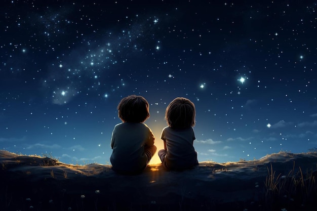 Dos niños se sientan en una roca y miran las estrellas.