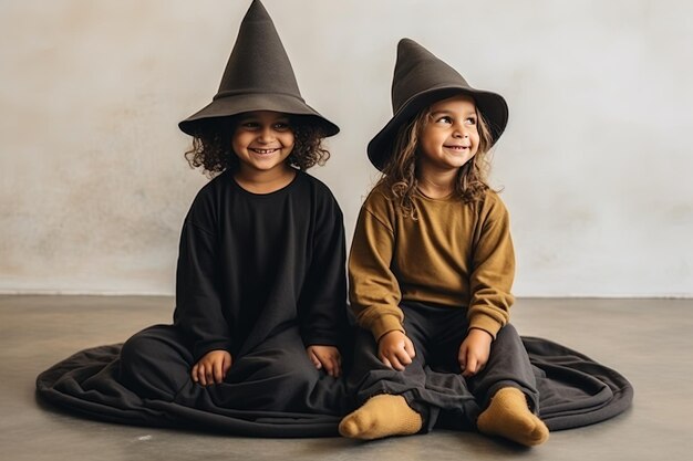 Foto dos niños con sombreros de bruja se sientan en el suelo