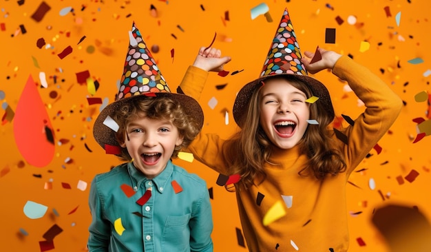 Dos niños con sombreros y riendo frente a un fondo amarillo con confeti.