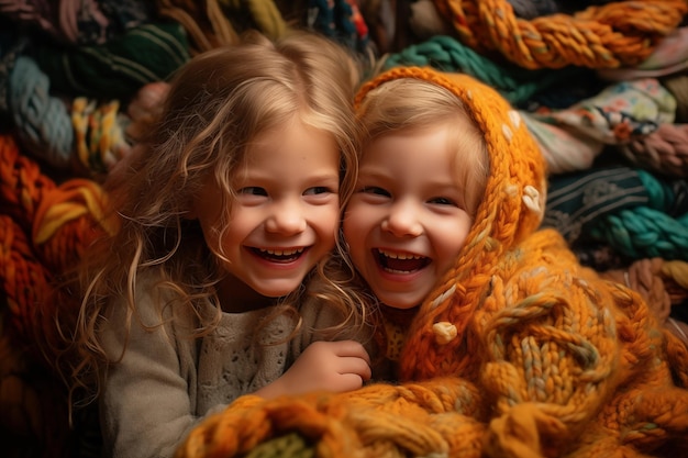 Dos niños sonriendo y jugando juntos en el estudio