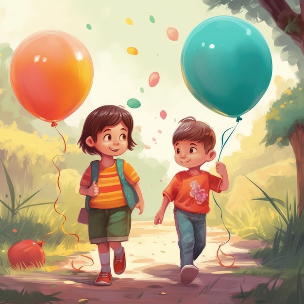 Dos niños sosteniendo globos caminando ilustración de dibujos animados con ai generativo