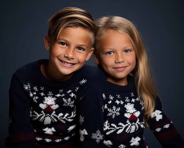 dos niños con suéteres navideños, uno de los cuales lleva un copo de nieve blanco.