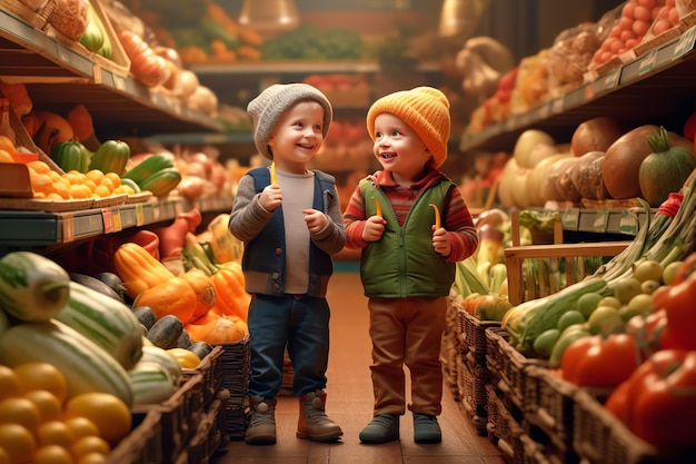 Dos niños en una tienda con calabazas al fondo.