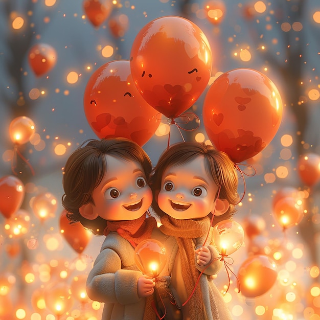 dos niños tienen globos y uno tiene una cara llena de globos naranjas