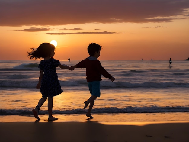 dos niños se toman de la mano y caminan por la playa al atardecer.