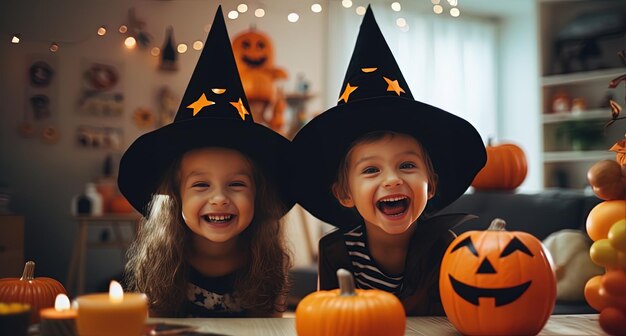 dos niños con trajes de Halloween uno de los cuales dice feliz Halloween