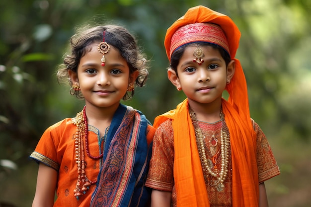 Dos niños con trajes naranjas y uno con un traje naranja con la palabra mahatma.