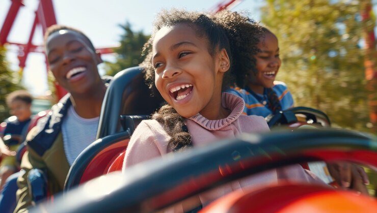 Dos niños viajan en una montaña rusa en un parque de atracciones al atardecer se divierten pasando sus vacaciones de verano fin de semana en familia