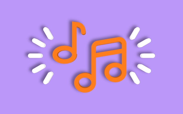 Dos notas musicales de color naranja firman el símbolo sobre fondo púrpura. Ilustración de renderizado 3D. Foto Premium