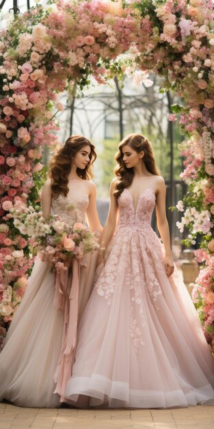 Dos novias felices se dan la mano en el océano cerca del arco de flores IA generativa