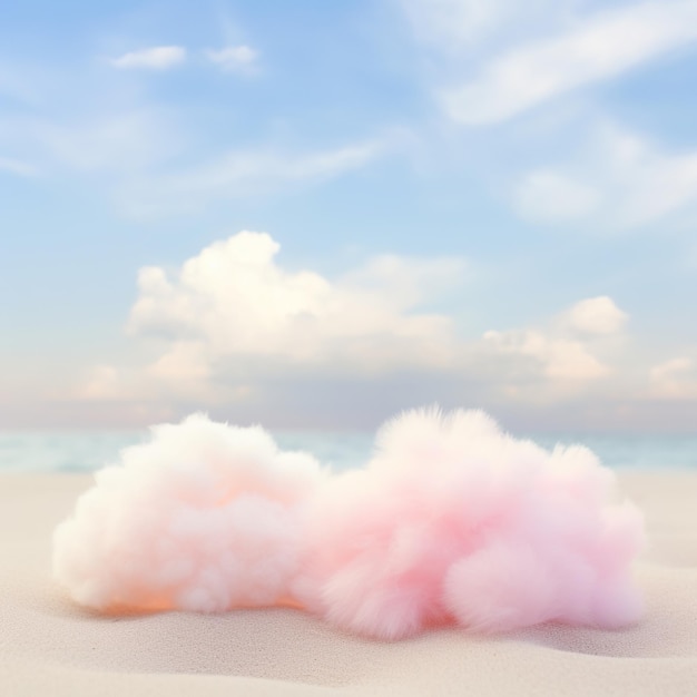 Dos nubes de algodón rosadas en la playa de arena contra el paisaje marino