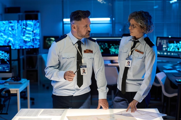 Dos oficiales maduros y confiados en su uniforme.