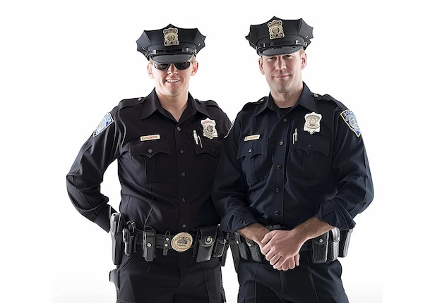 dos oficiales de policía posando para una foto con uno que lleva una insignia