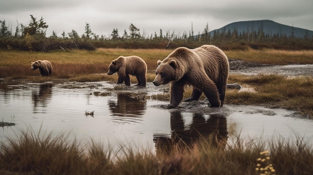 Dos osos caminando en un estanque con montañas al fondo