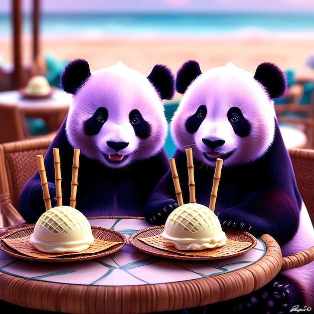 dos osos panda comiendo helado y uno tiene una cuchara en él
