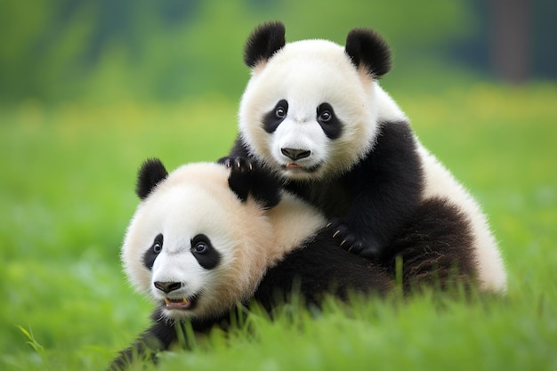dos osos panda se están abrazando y uno tiene una cara blanca