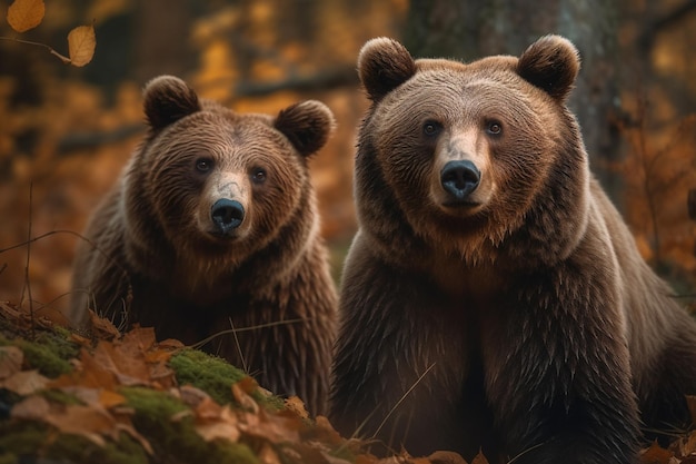 Dos osos pardos en el bosque de otoño Escena de vida silvestre de la naturaleza