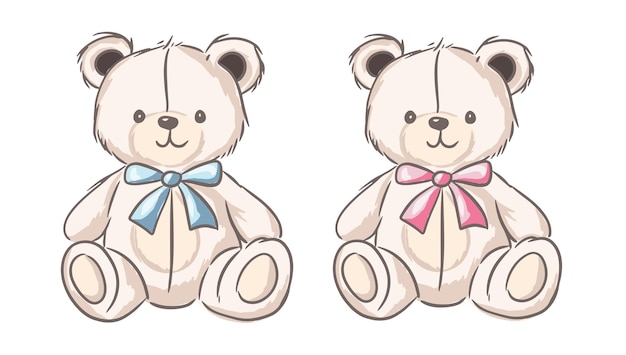 Dos osos de peluche con arcos azules y rosados sentados juntos en un diseño alegre para niños
