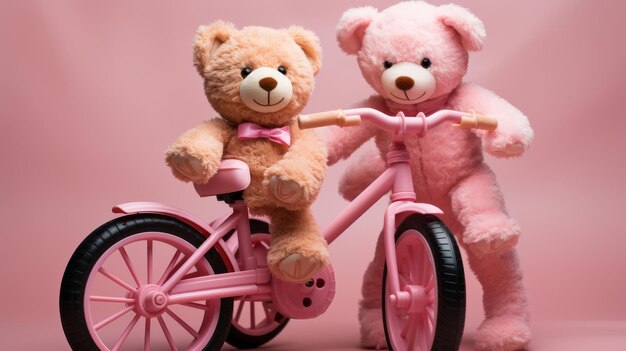 Dos osos de peluche en una bicicleta rosa