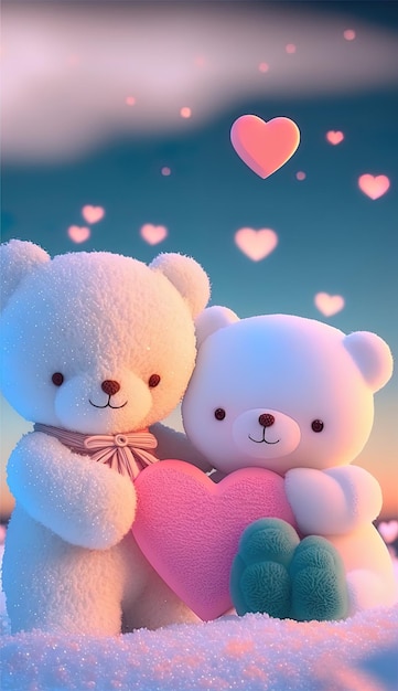 dos osos de peluche blancos con corazones en ellos, uno de ellos tiene un corazón rosa en el otro.