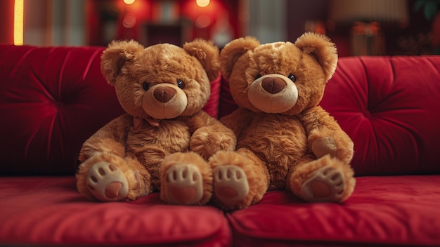 Foto dos osos de peluche sentados en el sofá rojo en la sala de estar en casa