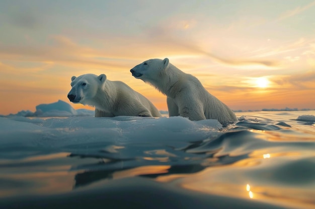 Dos osos polares en una capa de hielo en disminución bajo una cálida puesta de sol que destaca los impactos del cambio climático