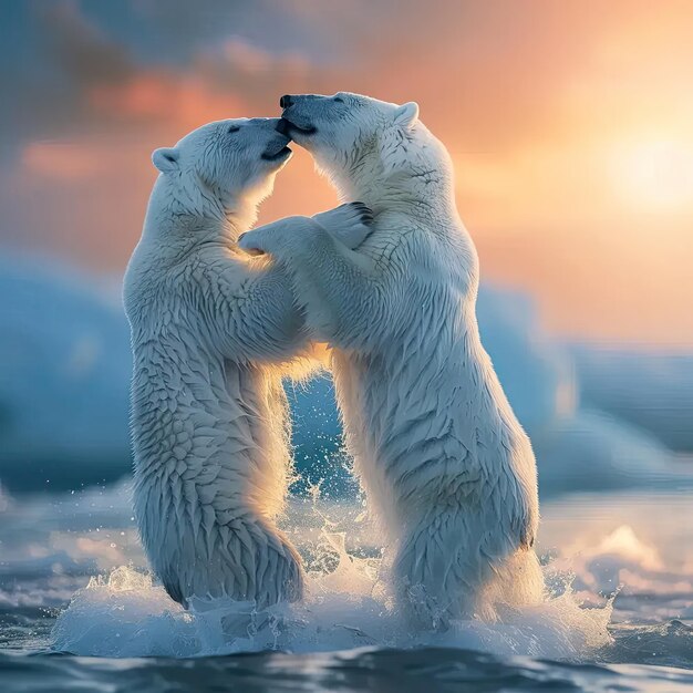 Dos osos polares están jugando en el agua.