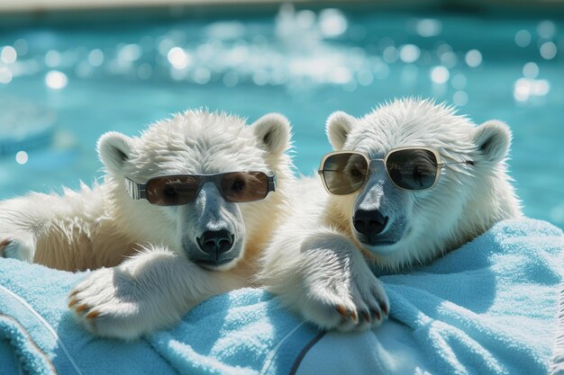 Foto dos osos polares con gafas de sol relajándose en la piscina en un día soleado